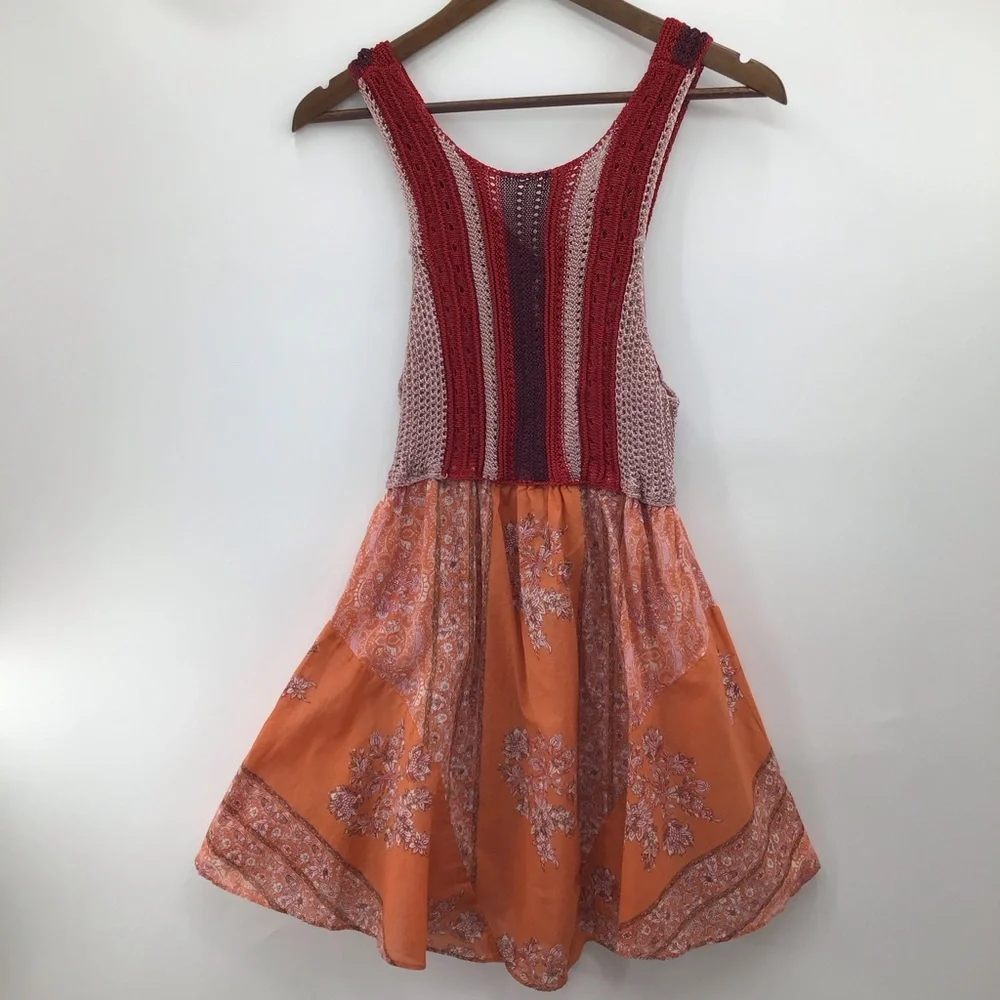 Free People Katie Crochet-Bodice Red and Orange Loral Mini Dress